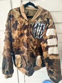 CAUTION HUMAN Custom Painted Camouflage Hunting Bomber Jacket