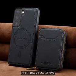 Phone Case - Wireless Charging Wallet Case Detachable Faux Leather Wallet Case for Samsung Galaxy S22 5G with Zipper Credit Card Bag Holder Cover