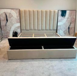 NEW IN BOX Beige Platform Storage Bed Frame Queen & King Size FINANCE available $54 down pmt