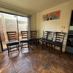 Dark Wood Dining Table Chairs w/ Padded Leather Seats