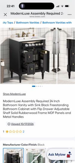 ModernLuxe Assembly Required 24 Inch Bathroom Vanity with Sink Black Freestanding Bathroom Cabinet with Flip Drawer Adjustable Shelf Solid Rubberwood 