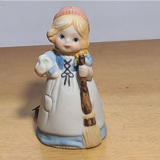 Vtg 1978 Jasco Merri Bells Bisque Porcelain Girl Holding Broom Bell " BEAUTIFUL