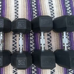 PAIR OF  (30 LB. = $90  &  40 LB.  = $120) RUBBER DUMBBELLS   ***** will sell the 30s or 40s separately   