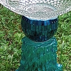 Beautiful Crystal Turquoise Glass Birdbath 🌞🐦🌷🌞😊🙂🌺Buy 2 Or 3 Get Solar Fountain Free