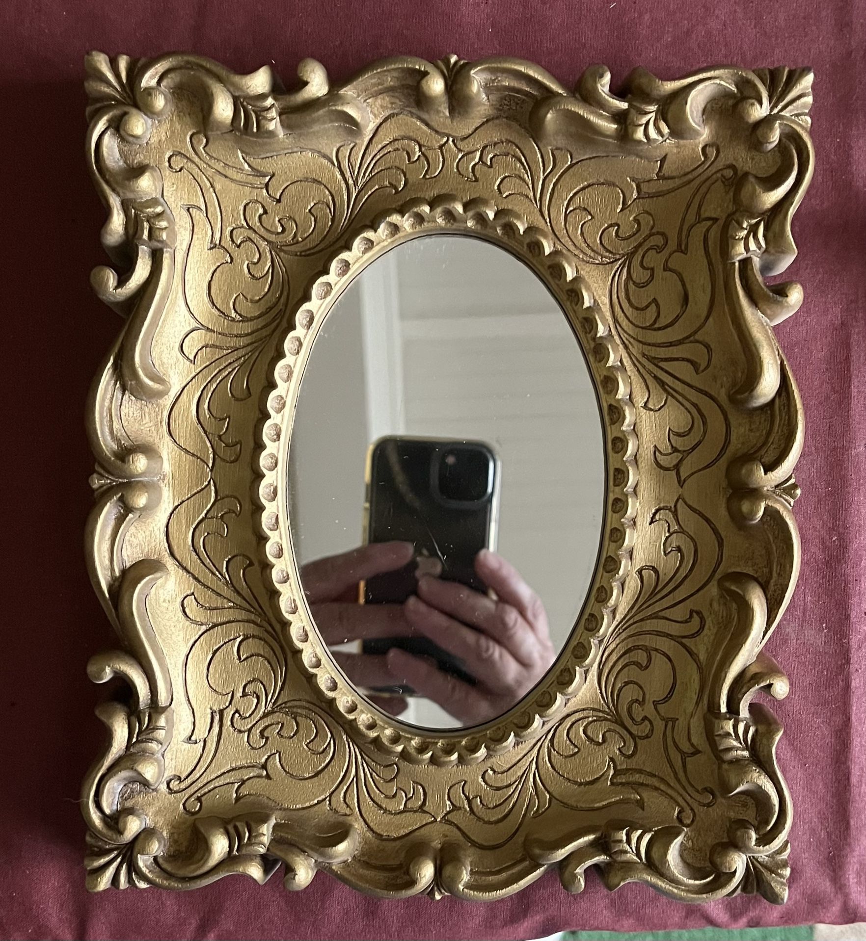 Small Vintage Hollywood Regency Gold Plastic Framed Mirror 9”x7.5”