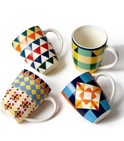 Bohemian Ceramic Coffee Mugs Set of 4, 15oz/450ml Geometric Pattern Tea Cups, Large Porcelain Mugs for Latte Cappuccino, Colorful Boho Drinkware Gift 