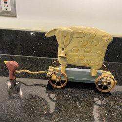 Primitive Hand Carved Crude Wood Carving of a Sheep on Wheels 8” Long 6” High