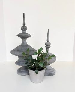 Home Decor Accent Set: 2 Grey Finial Sculptures & Small Artificial Plant
