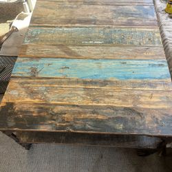 Industrial Rustic Coffee Table – Solid Wood & Steel  Heavy, well-built industrial coffee table with solid wood plank top and steel frame with riveted 