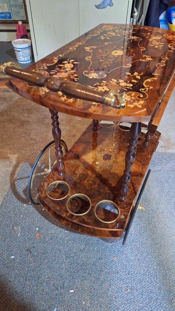 Vintage Italian Floral Inlay Rolling Bar Tea Cart, Drop Leaf Sides. I