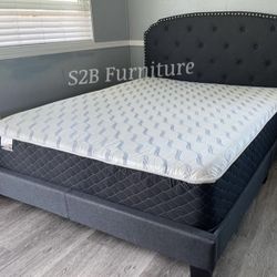 Full Grey Burlap Tufted Bed With Ortho Mattress Included!!