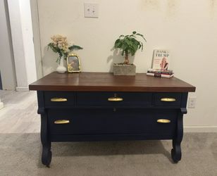 Solid wood! Refinished Vintage Navy Blue Dresser / Storage Chest with Solid Wood Top & Gold Hardware