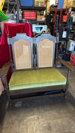 Amazing Vintage MCM Cane Avocado Green Bench Chair