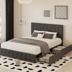 Quilicore Queen Bed Frame, Upholstered Platform with Headboard and 4 Storage Drawers,Trapezoidal-Stitched Bed Base with Wooden Slates Support, No Box 