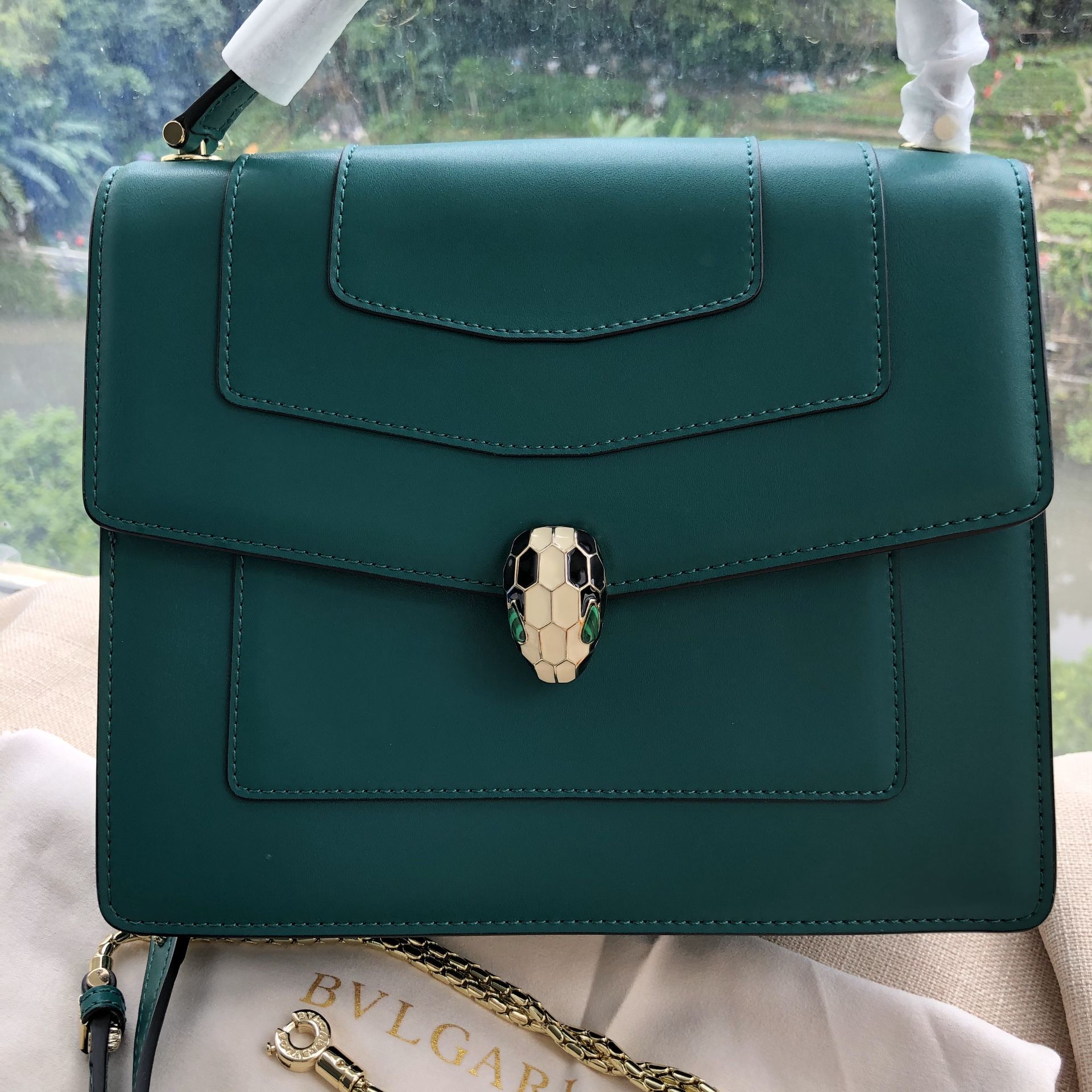 Authentic Bvlgari Bag Serpenti Forever Leather Green Women's Handbag