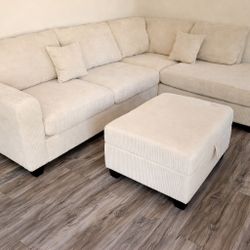 Brand new ivory color corduroy Sectional Sofa with usb charging and storage ottoman