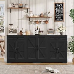 71” Large Sideboard Buffet Cabinet with Storage, Farmhouse Kitchen Buffet Cabinet with Adjustable Shelves and 6 Barn Doors, Wood Coffee Wine Bar Conso