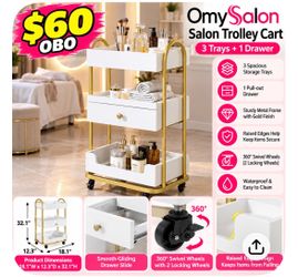 OmySalon Salon Trolley Cart – White & Gold – 3 Trays + Drawer – New