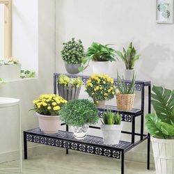 aboxoo 3 Tier Stair Style Large Metal Plant Stand, Garden Display Shelf Flower Pot Holder 