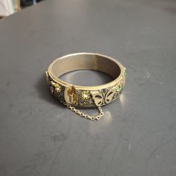 Vintage 1960's Embossed Hinged Bangle Bracelet, Butterfly Floral Design Art Deco W/Green & Clear Rhinestones, Locking Closure & Safety Chain