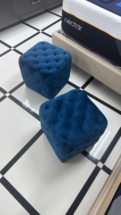 Set Of 2 Blue Velvet Ottomans