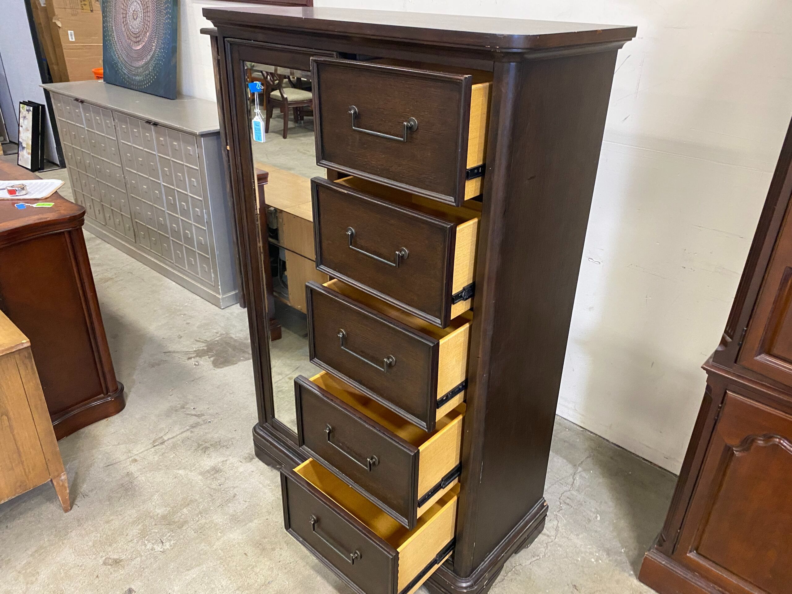 KLAUSSNER Dark Stain Sliding Mirror Door 5 Drawer Armoire