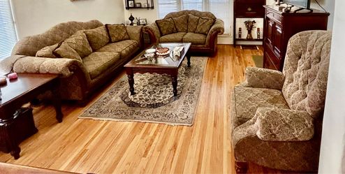 3 piece -sofa loveseat and recliner chair set couch furniture living room set la-z-boyhood brown green pattern wood