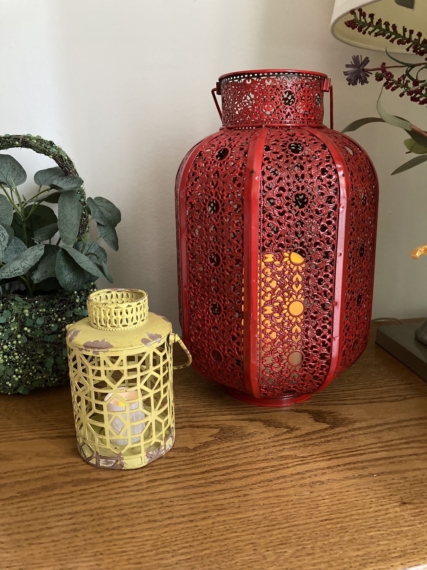 Lantern Red 13.5” Metal Hanging Candlestick Lantern