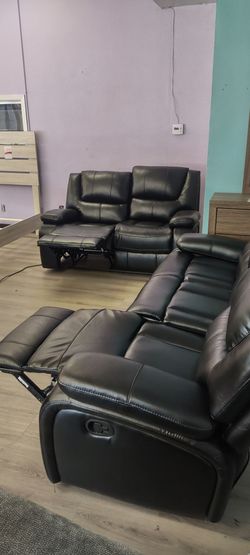 Black Faux Leather Reclining Sofa and Loveseat Set