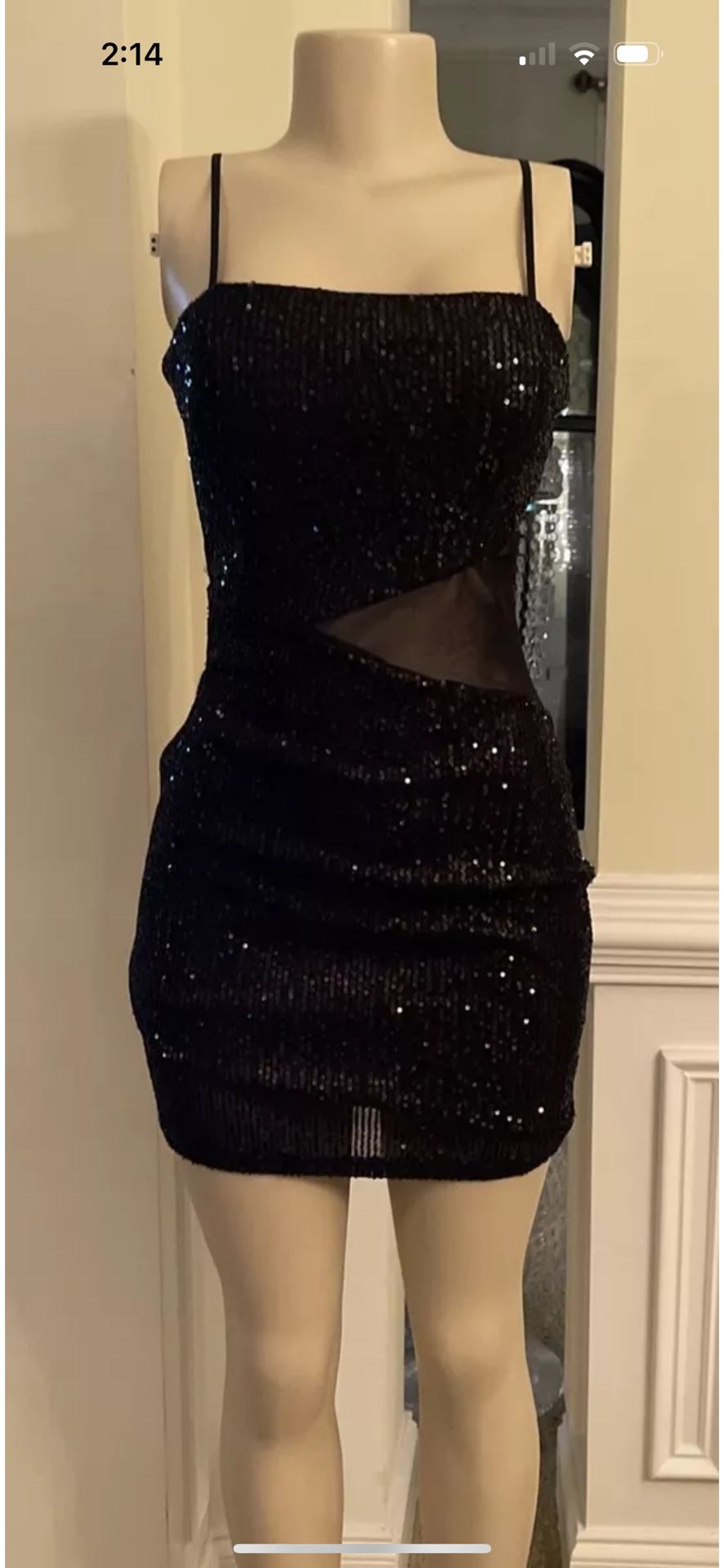 Trixxi Womens Sequin Shimmer Spaghetti Strap Mini Dress, Black, Size L, NWT