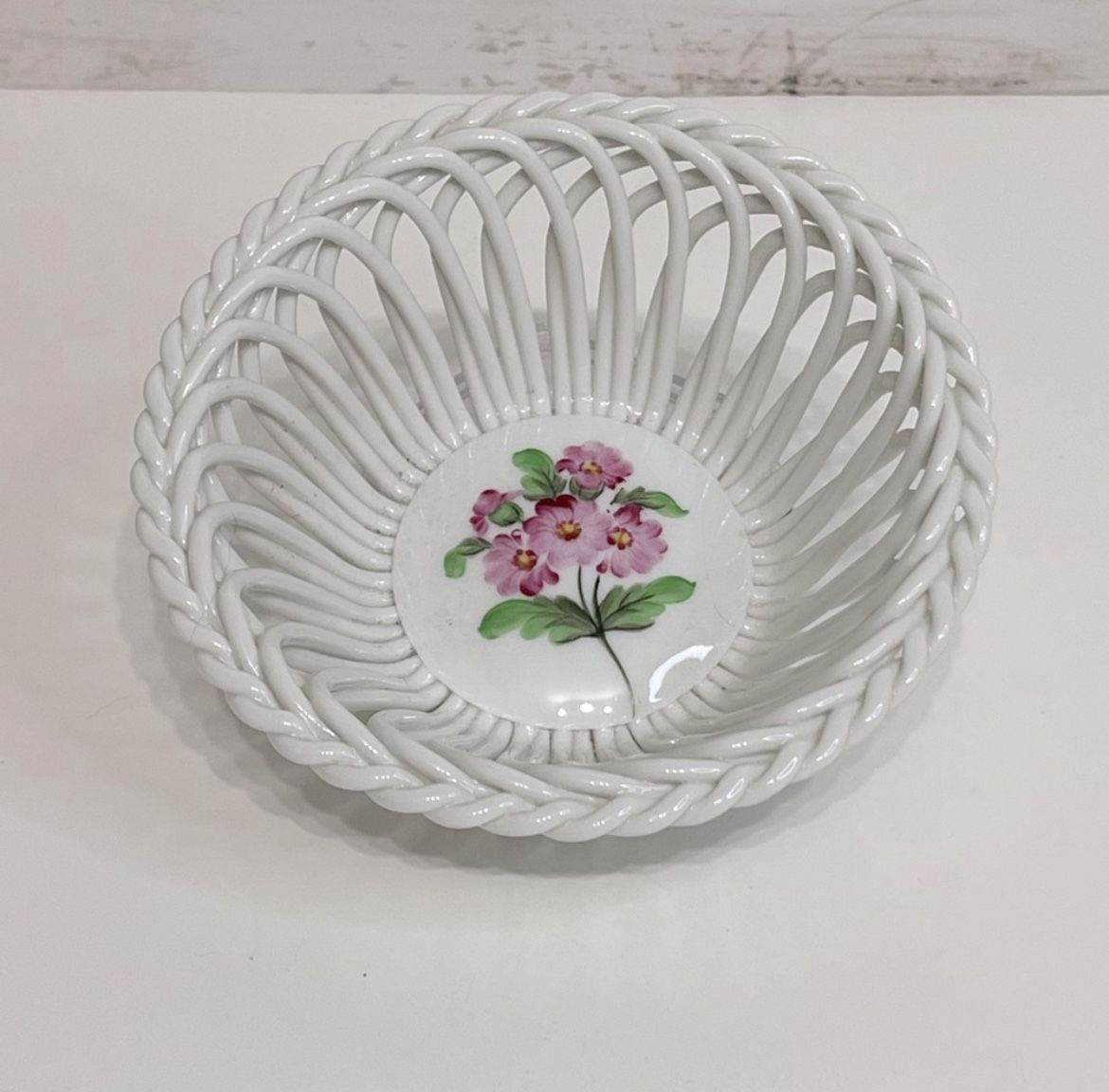 Vintage Herend Flowers Hand Painted Basket Weave Porcelain Dish PRICE FIRM