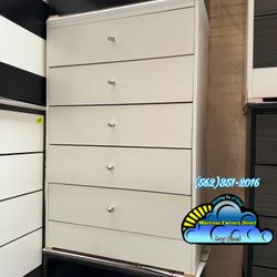 New White Wood 5 Drawer Dresser Chest w/ Diamond Knobs 