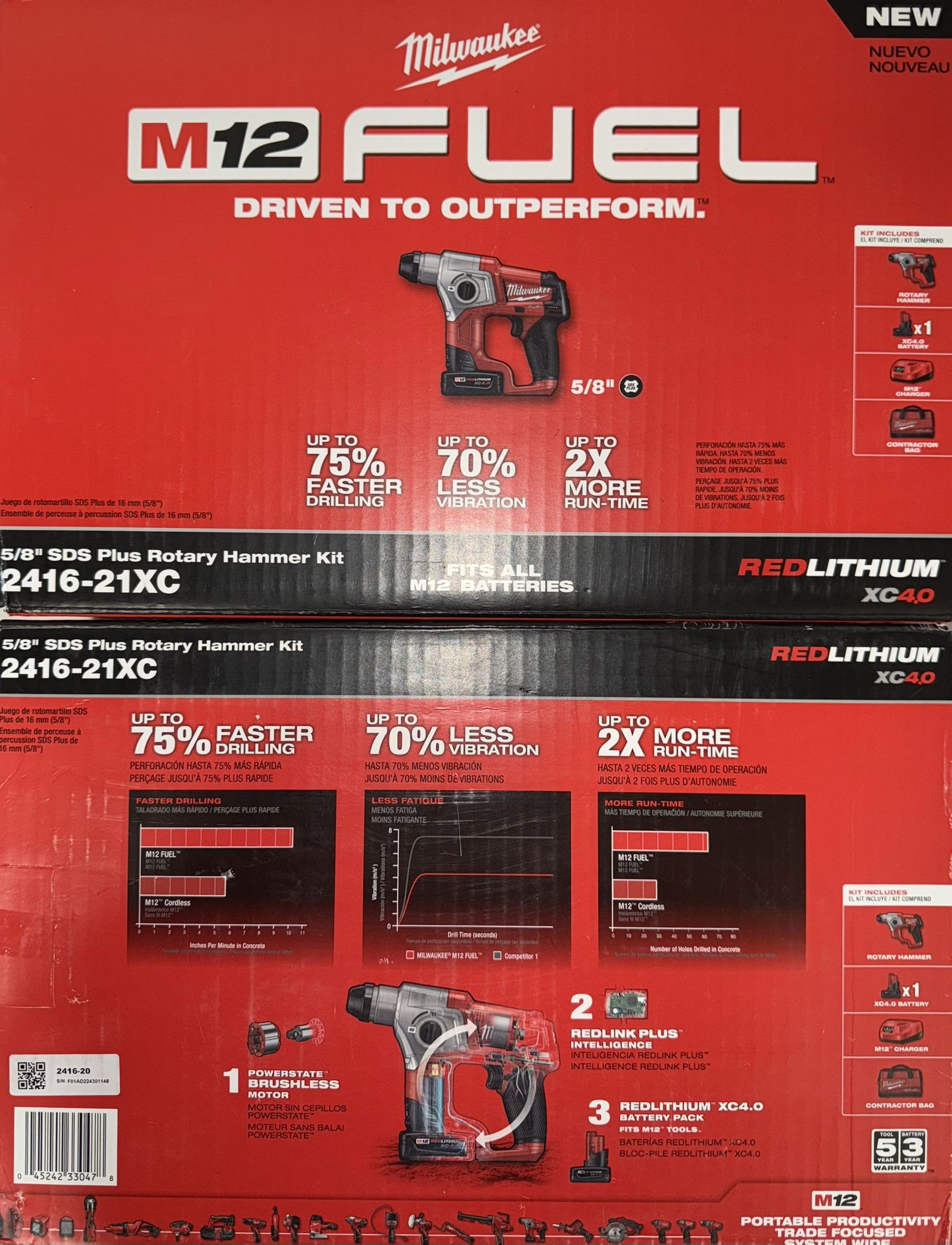 Milwaukee M12 Fuel 5/8” SDS PLUS Rotary Hammer Kit. Model #2416-21XC