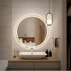 24 inch LED Bathroom Vanity Mirror, Wall Mounted Round Makeup Shaving Mirror Frameless Design, HD Waterproof & Explosion-Proof Smart Mirror with Memor