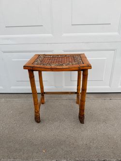 Bamboo & Pebble Inlay Side Table – Boho Tiki Coastal