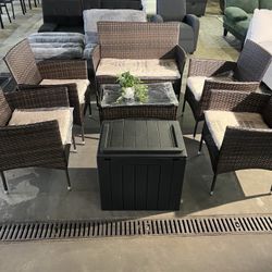 Patio Furniture 7 Pieces Conversation Sets Outdoor Wicker Rattan Chairs Garden Backyard Balcony Porch Poolside loveseat with Soft Cushion and Glass Ta