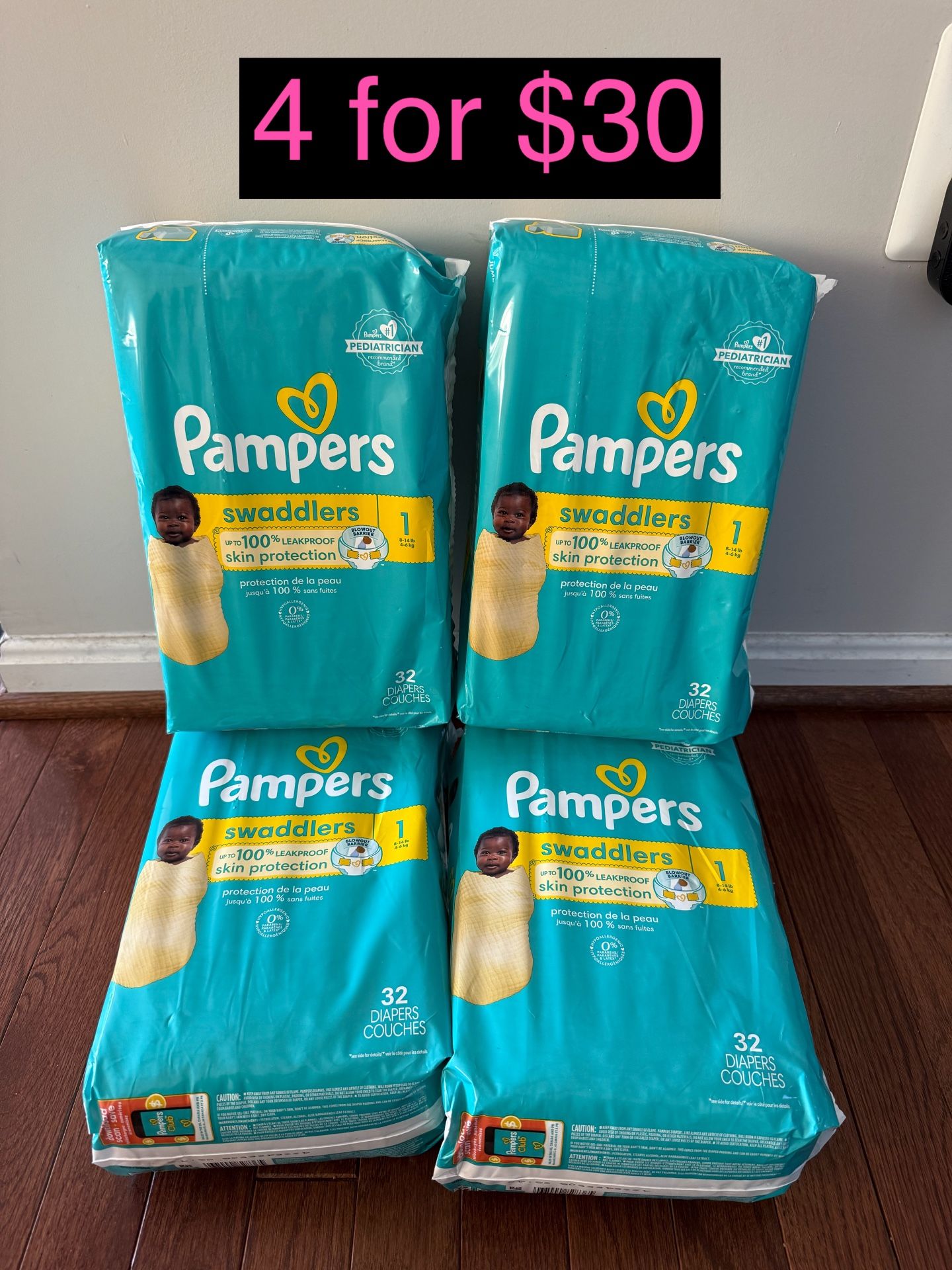 Pampers swaddles size 1, 4 for $30