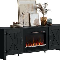 Bestier 63" Fireplace TV Stand for TVs Up to 70", Farmhouse Barn Door Entertainment Center with Electric Heater, Storage Cabinets & Shelves, Remote Co