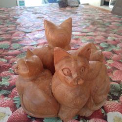 Hand Carved Wood Cat Art