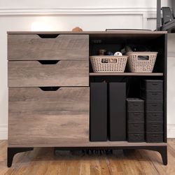 Office Desk File Cabinet Drawers Shelf Wood Grain Brown Gray 