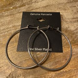 Large Basic Hoops Polished Silver Tone Earrings.