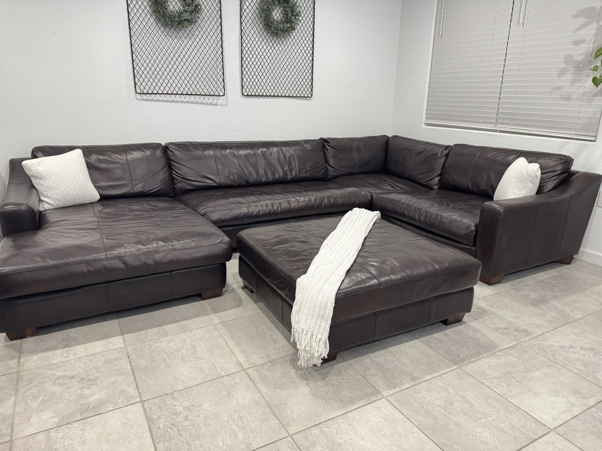 Dark Brown Leather Sectional W/ Chaise & Ottoman