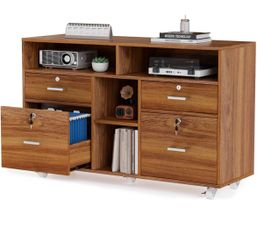 VINGLI Wide 4 Drawer Lockable Rolling File Cabinet with Open Shelves - Walnut Wood Lateral File Cabinet Printer Stand for Home Office, Letter Sized