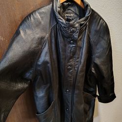 Vintage Women's Black Leather Jacket, Pelle, size L, button up, 80s 80's