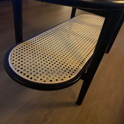 Mid-Century Oval Coffee Table – Black Wood w/ Rattan Shelf