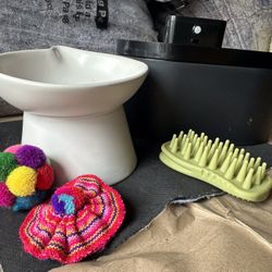 Cat Supplies — Water Fountain, Raised Food Bowl, Toys, Etc.