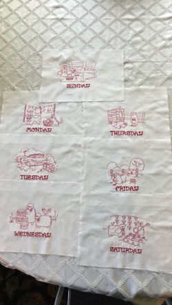 Quilt Blocks Machine Embroidery Redwork 7 Days Of The Week Quilt Blocks, Unfinished Quilt Red And White Fabric