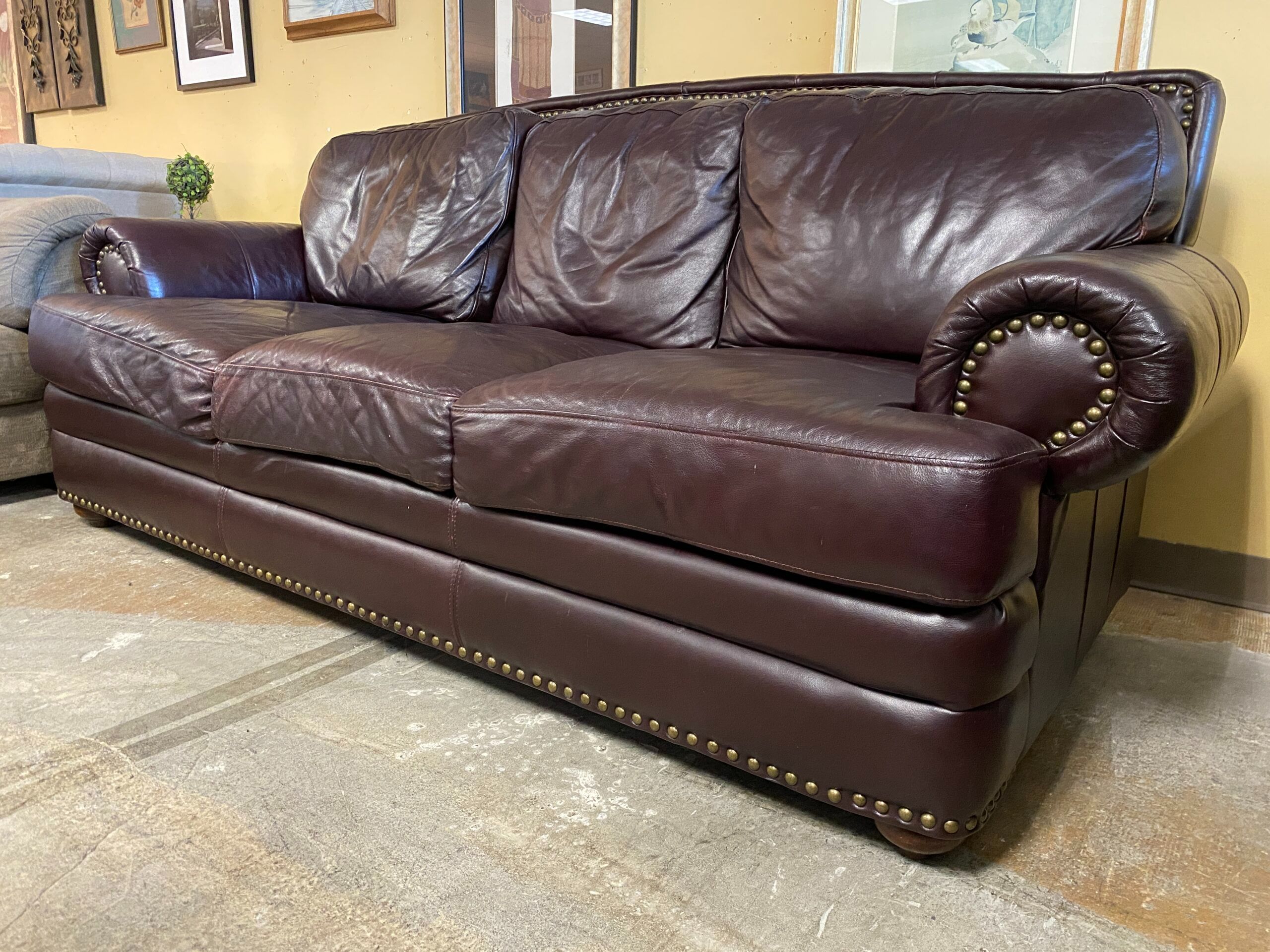 Dark Brown 3-Seat Rolled Arm Sofa w/ Nailhead Trim