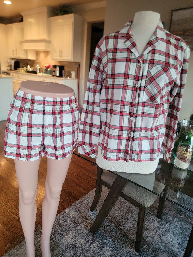 Women's XS Flannel Pajama Set. 100% Cotton - Auden. Long sleeve Shirt & Shorts