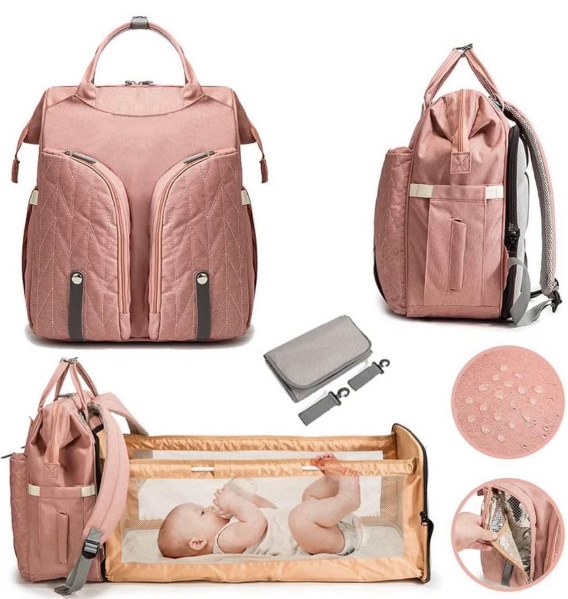 New! Diaper Bag Backpack, Multifunctional Baby Folding Bed Travel Backpack, Mammy Diaper Bag Large Capacity, Waterproof and Stylish, Pink